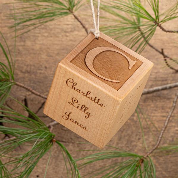 Personalized Baby Block Ornament - Natural w/Script Font